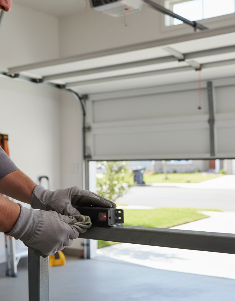Homeowner cleaning and aligning a garage door safety sensor with a cloth.