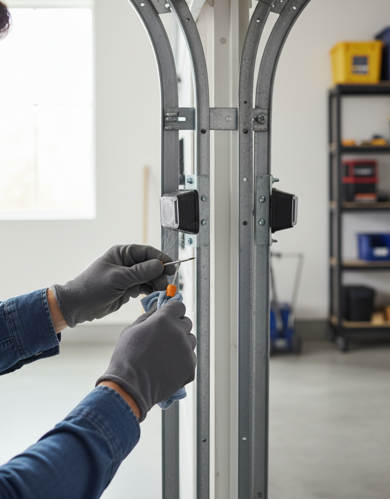 Homeowner adjusting and cleaning a garage door safety sensor with a cloth and screwdriver.