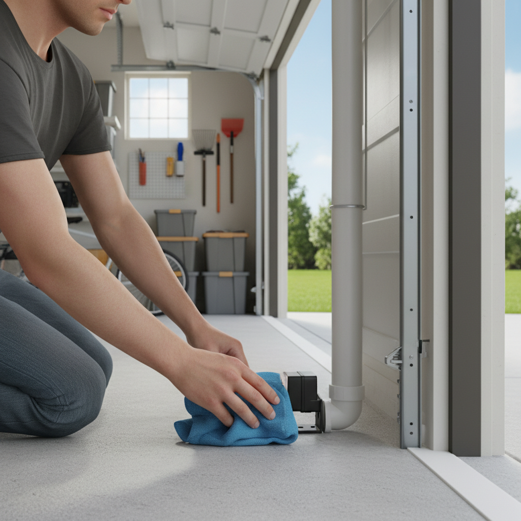 Homeowner cleaning a garage door safety sensor lens near the floor.