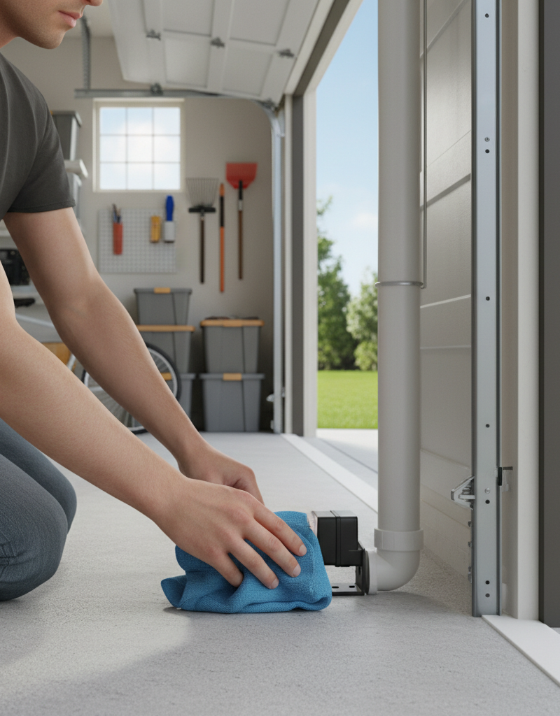 Homeowner cleaning a garage door safety sensor lens near the floor.