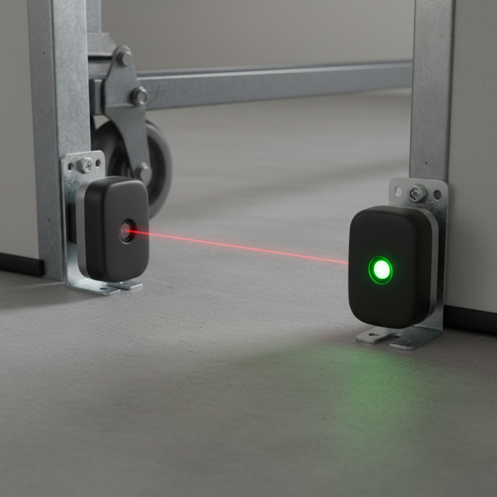 Two garage door safety sensors aligned, with clear indicator lights, demonstrating proper function.