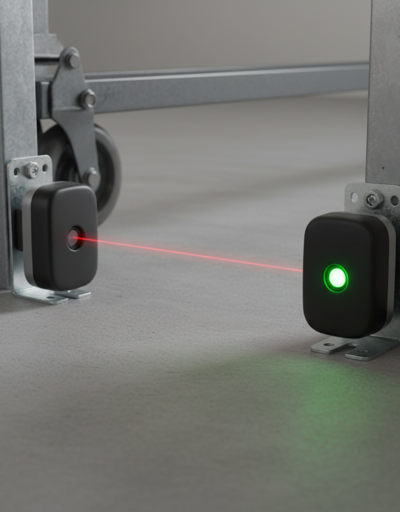 Two garage door safety sensors aligned, with clear indicator lights, demonstrating proper function.