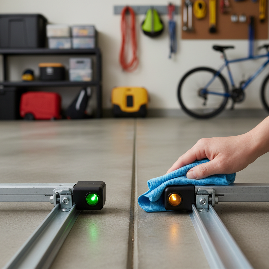 Homeowner cleaning and checking alignment of garage door safety sensors on the bottom of the tracks