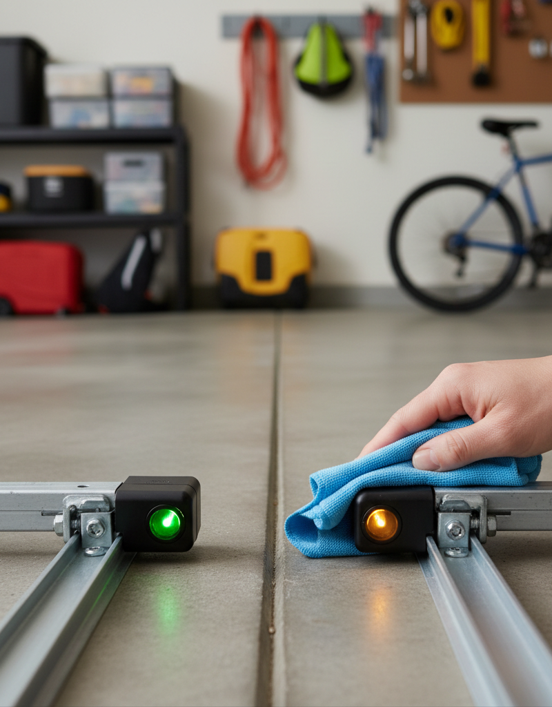 Homeowner cleaning and checking alignment of garage door safety sensors on the bottom of the tracks
