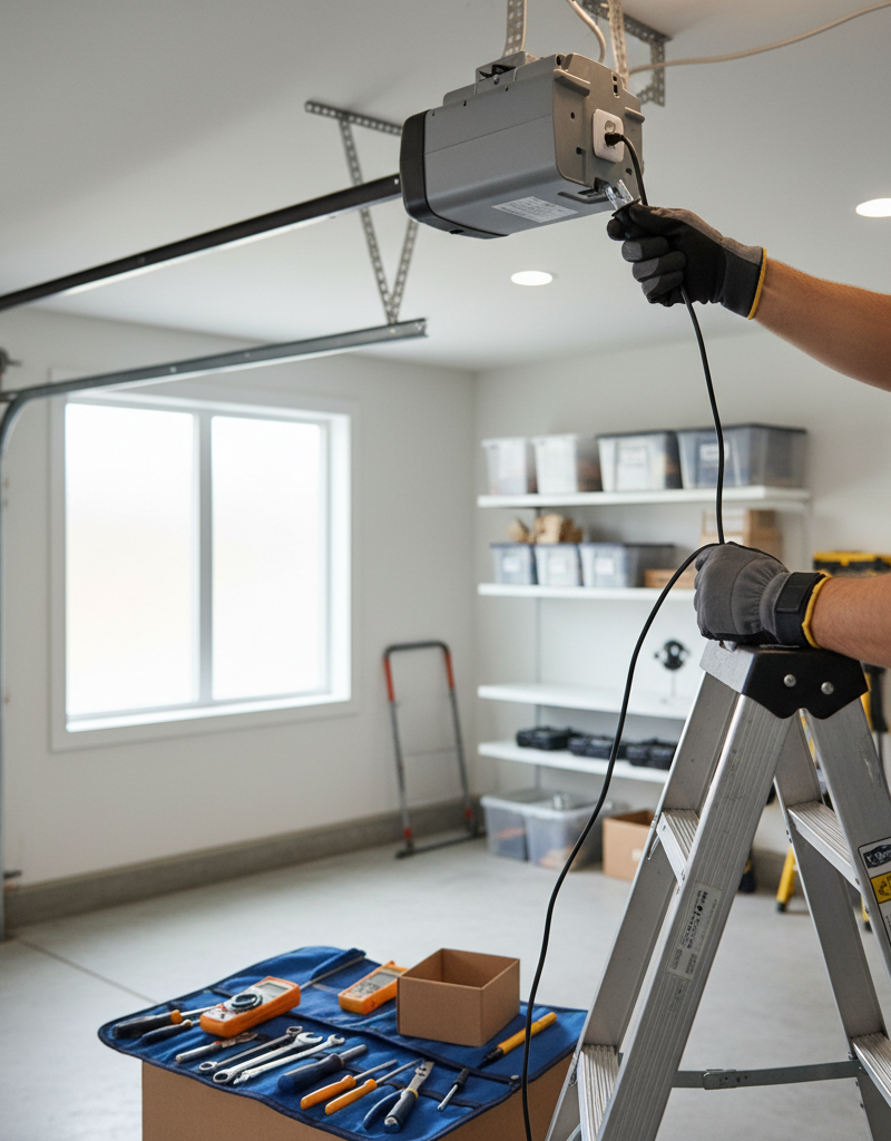 Homeowner troubleshooting garage door opener motor unit