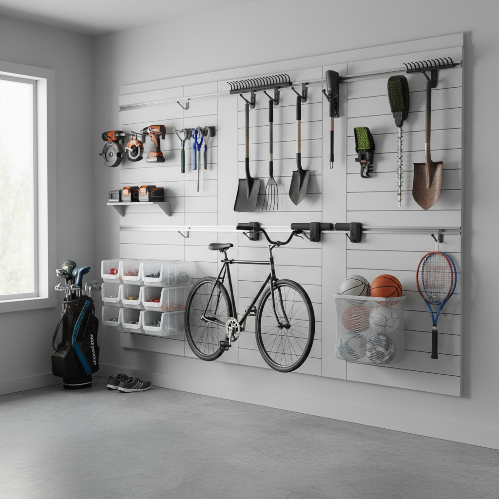 Organized garage wall with tools, garden equipment, and sports gear on a modular storage system