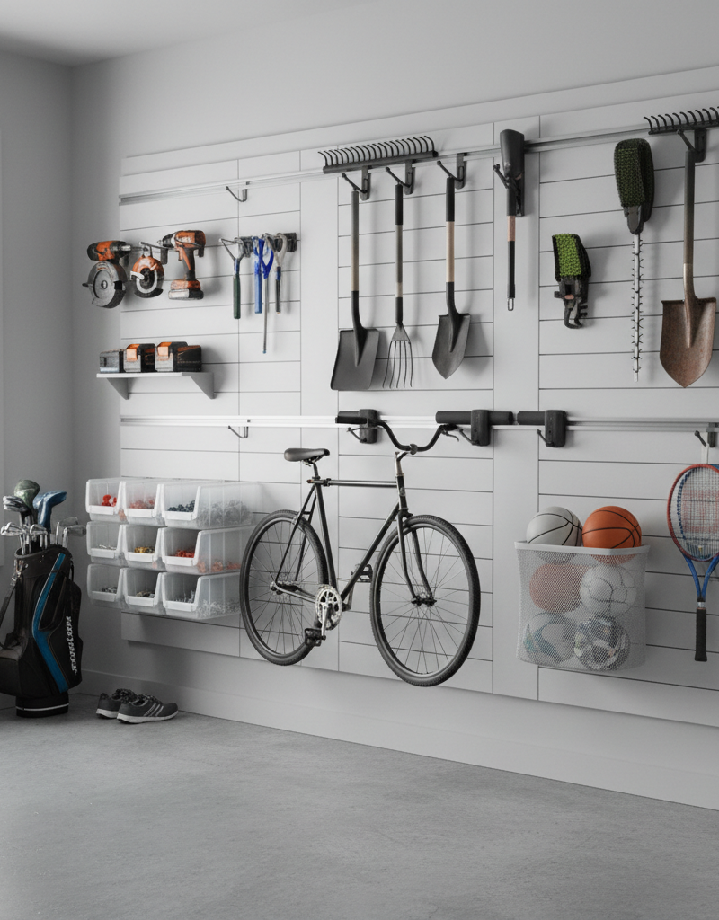 Organized garage wall with tools, garden equipment, and sports gear on a modular storage system