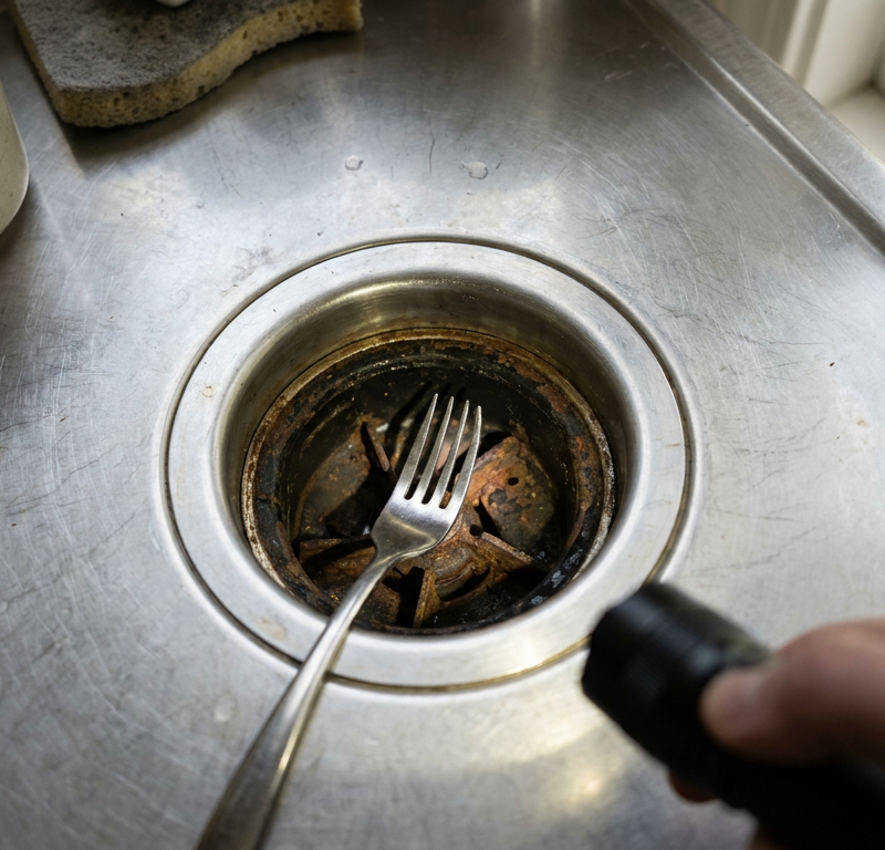 A metal fork stuck inside a garbage disposal, causing a grinding noise.