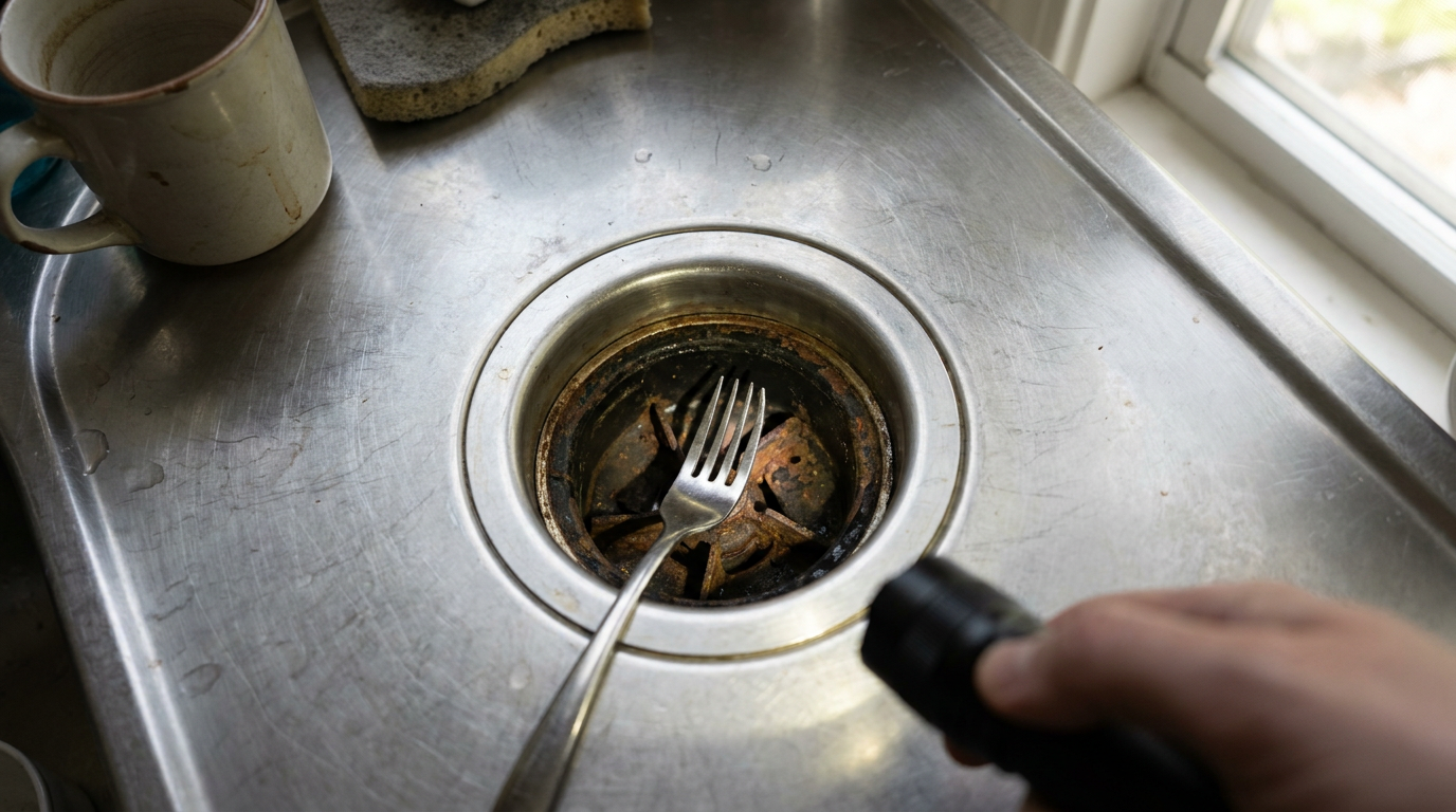 A metal fork stuck inside a garbage disposal, causing a grinding noise.