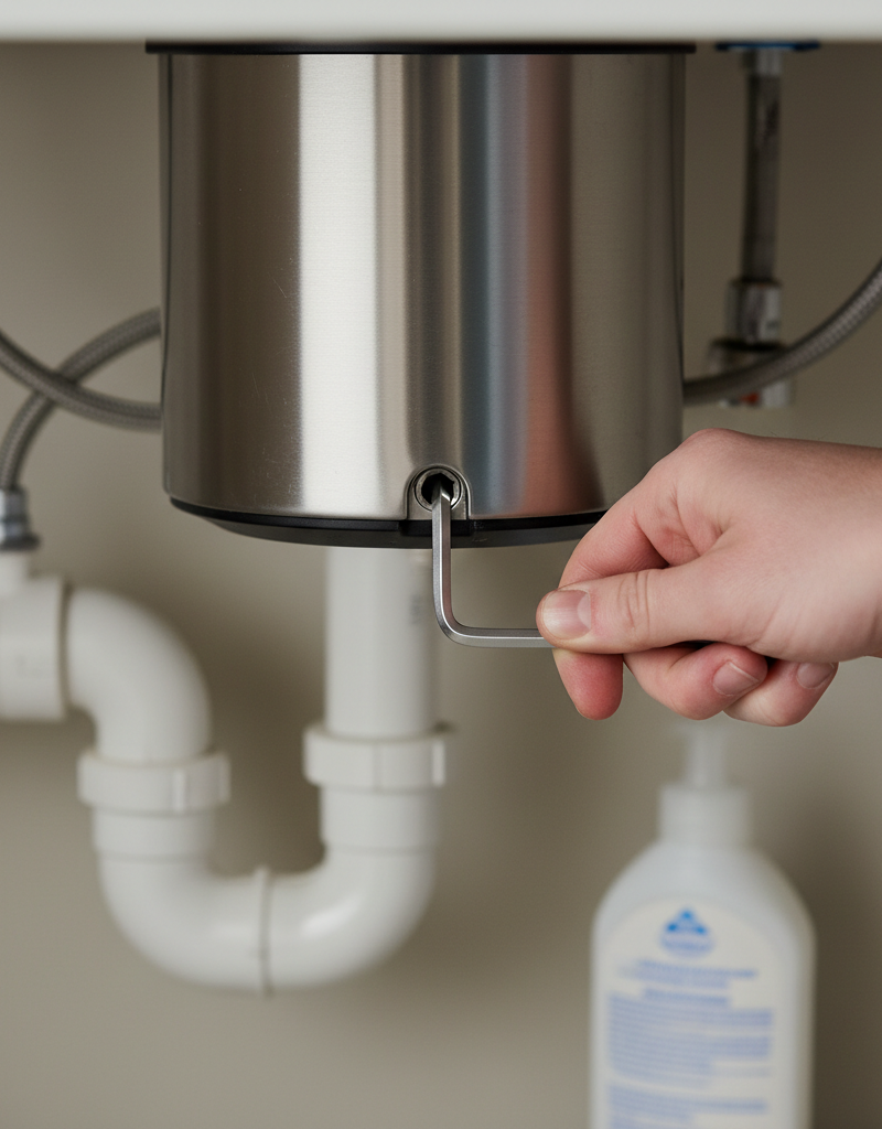 Homeowner inserting Allen wrench into bottom of humming garbage disposal to clear a jam