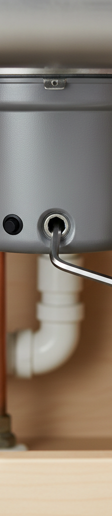 Hand inserting a hex wrench into a garbage disposal's reset hole.