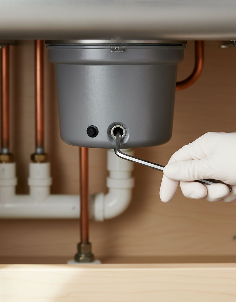Hand inserting a hex wrench into a garbage disposal's reset hole.