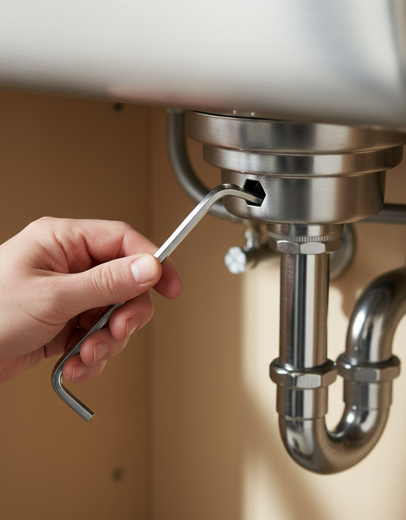 Homeowner using an Allen wrench to clear a jam from the bottom of a garbage disposal unit.