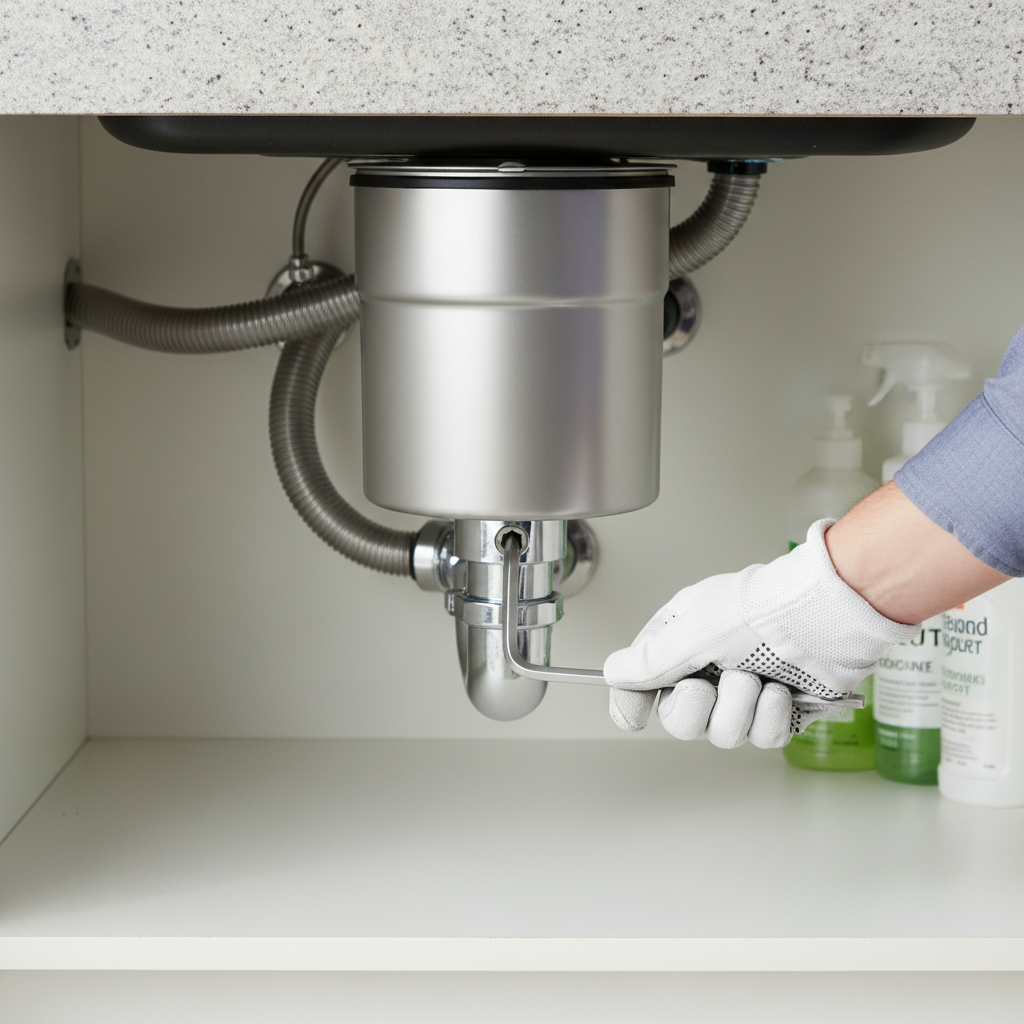 Hand using Allen wrench to unjam the bottom of a humming garbage disposal unit under a kitchen sink.