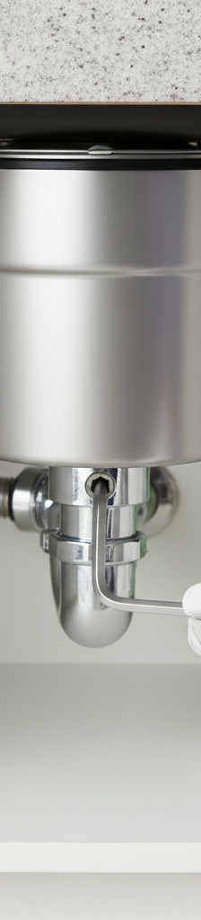 Hand using Allen wrench to unjam the bottom of a humming garbage disposal unit under a kitchen sink.