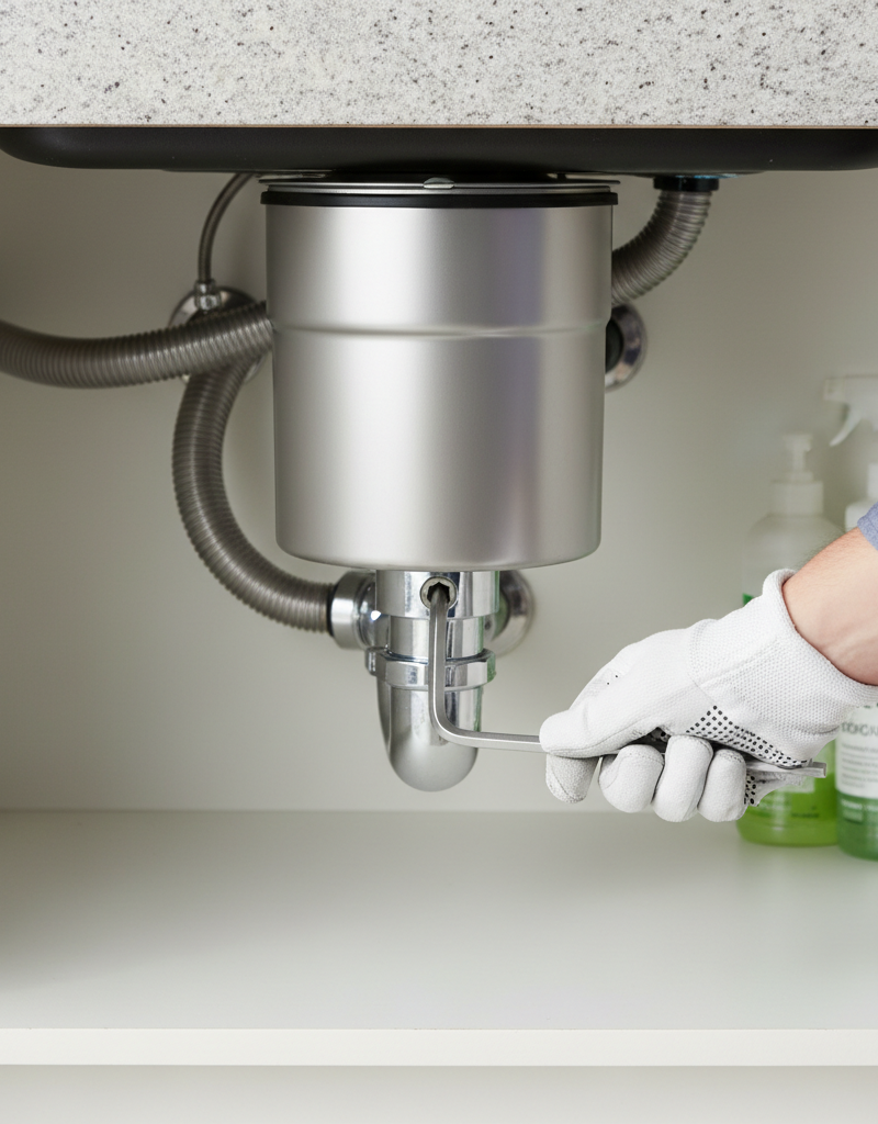 Hand using Allen wrench to unjam the bottom of a humming garbage disposal unit under a kitchen sink.