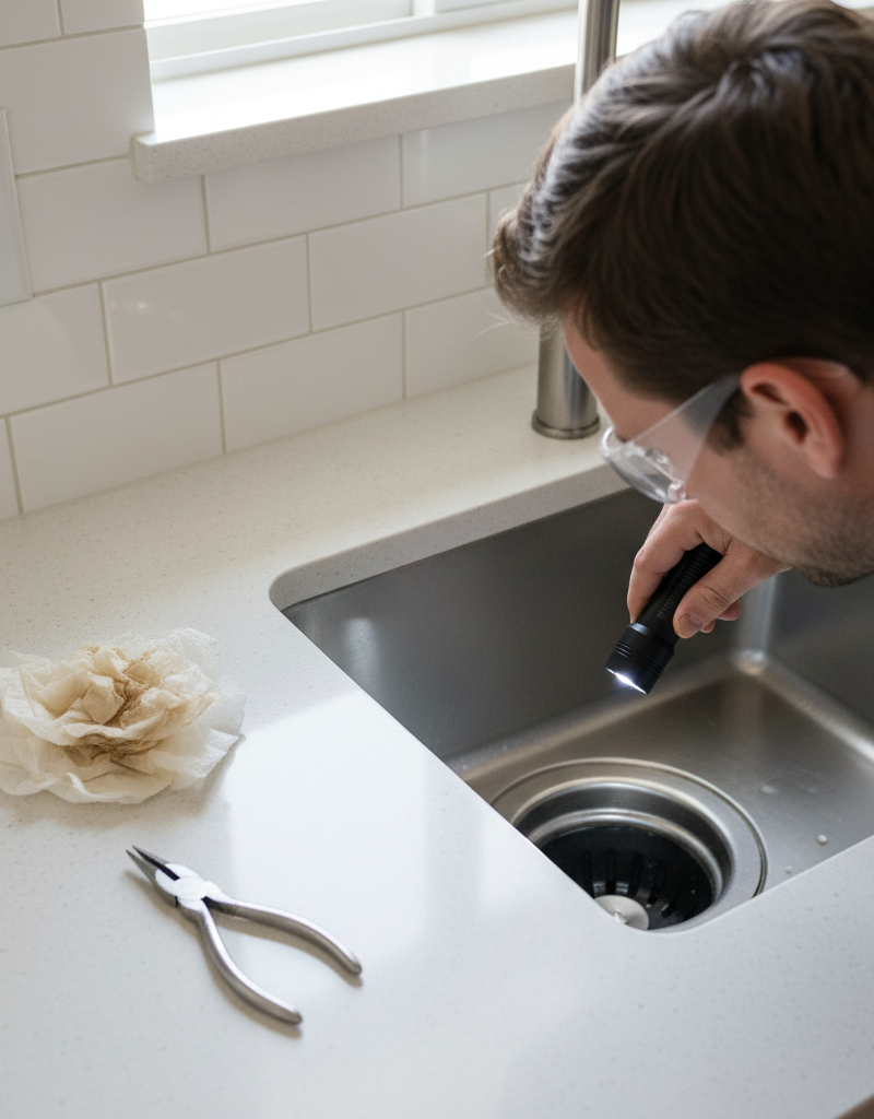 Homeowner inspecting a jammed garbage disposal with a flashlight and pliers