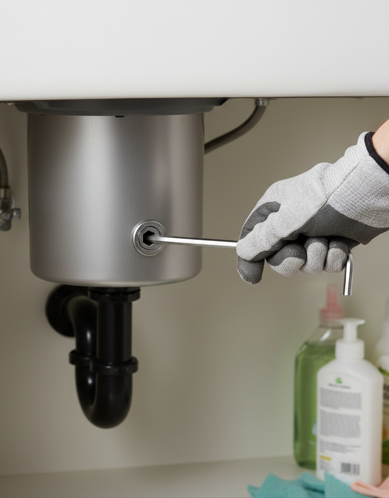 Homeowner inserts Allen wrench into bottom of a humming garbage disposal to clear a jam.