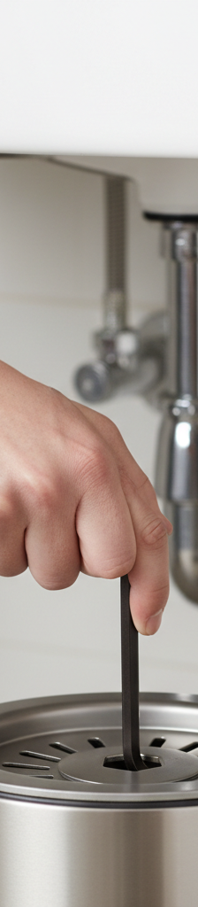 Hand inserting a 1/4-inch hex wrench into the bottom of a garbage disposal to clear a jam.