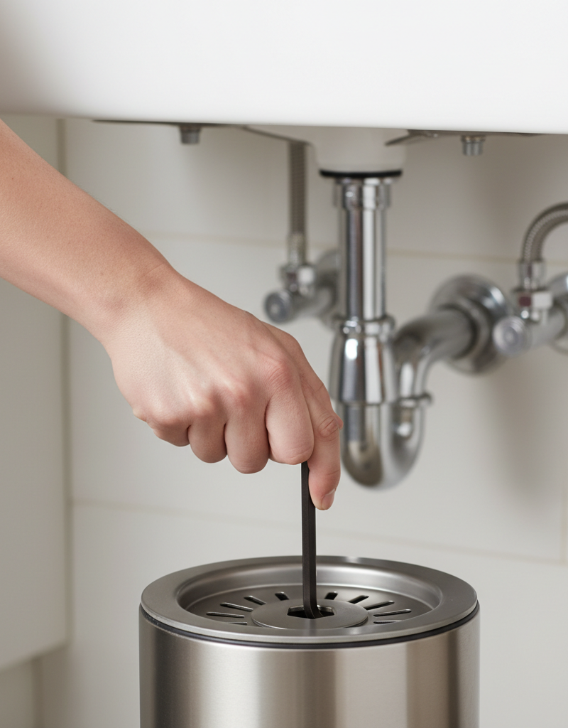 Hand inserting a 1/4-inch hex wrench into the bottom of a garbage disposal to clear a jam.
