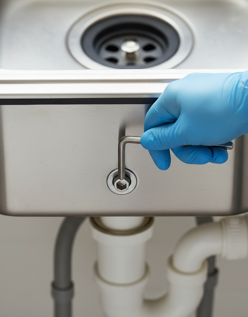 Homeowner inserting hex wrench into garbage disposal to fix a jam, beneath kitchen sink