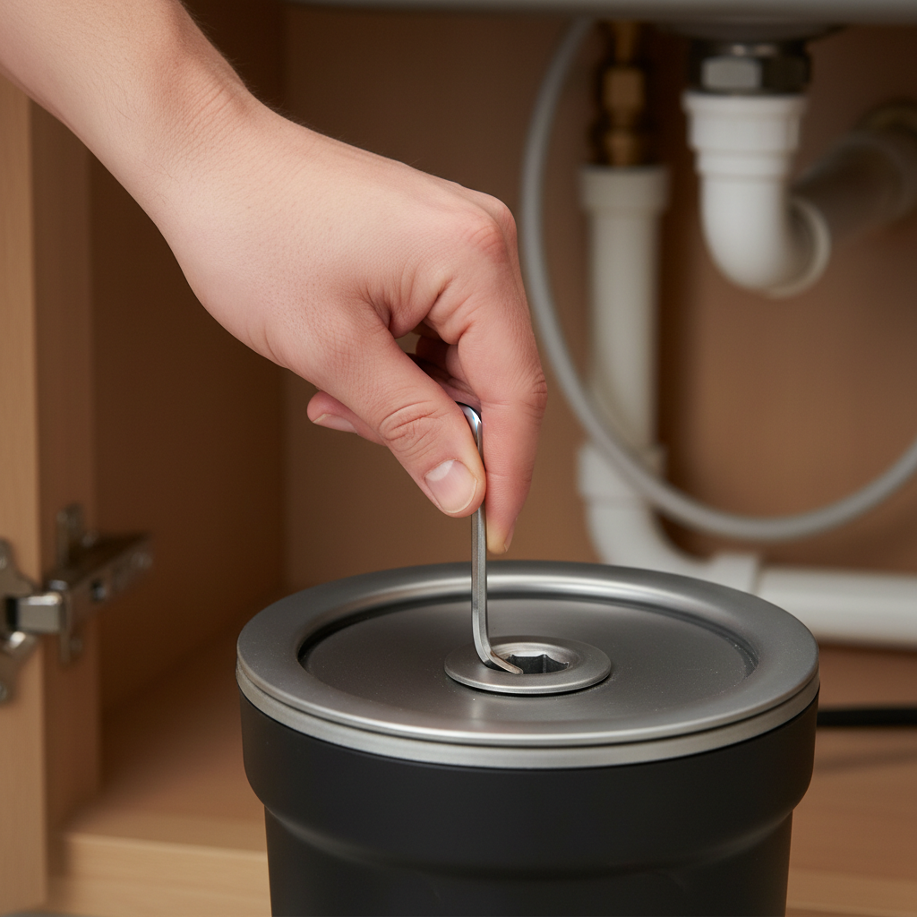 Homeowner uses an Allen wrench to manually clear a jammed garbage disposal from underneath the sink.