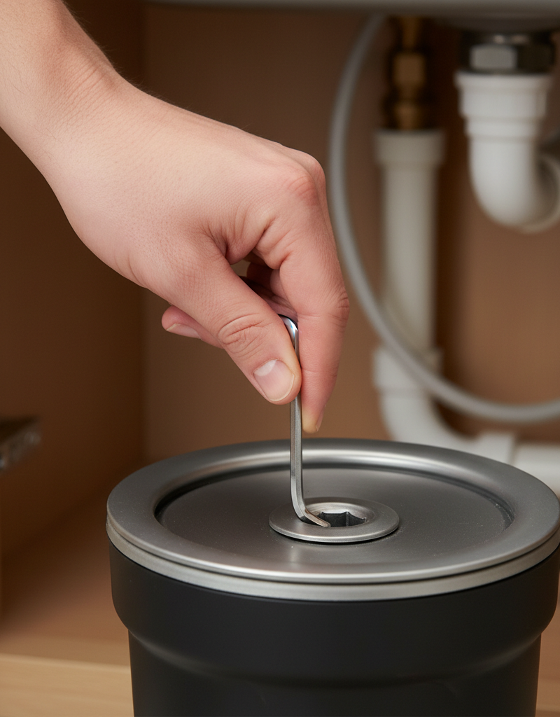 Homeowner uses an Allen wrench to manually clear a jammed garbage disposal from underneath the sink.