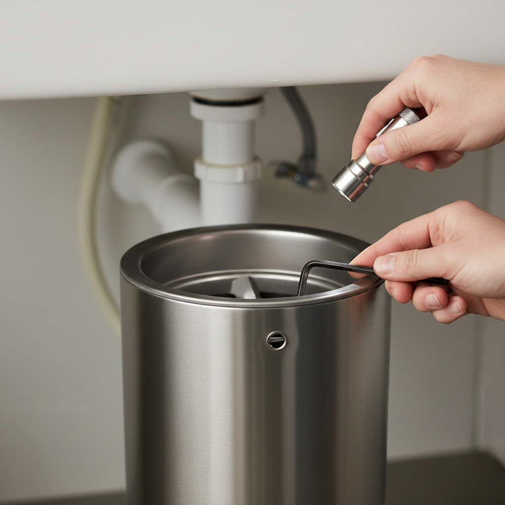 Homeowner's hand inserting a hex wrench into the manual flywheel hole on the bottom of a garbage disposal to clear a jam.