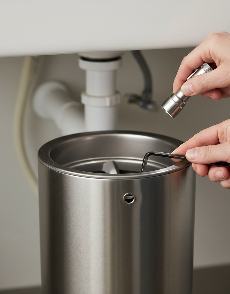 Homeowner's hand inserting a hex wrench into the manual flywheel hole on the bottom of a garbage disposal to clear a jam.