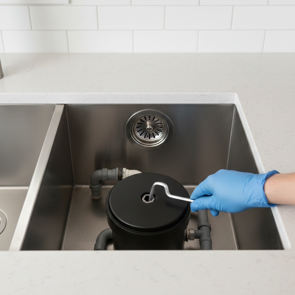 Hand using an Allen wrench to manually unjam a humming garbage disposal from the bottom