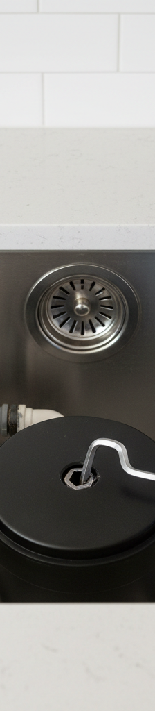 Hand using an Allen wrench to manually unjam a humming garbage disposal from the bottom