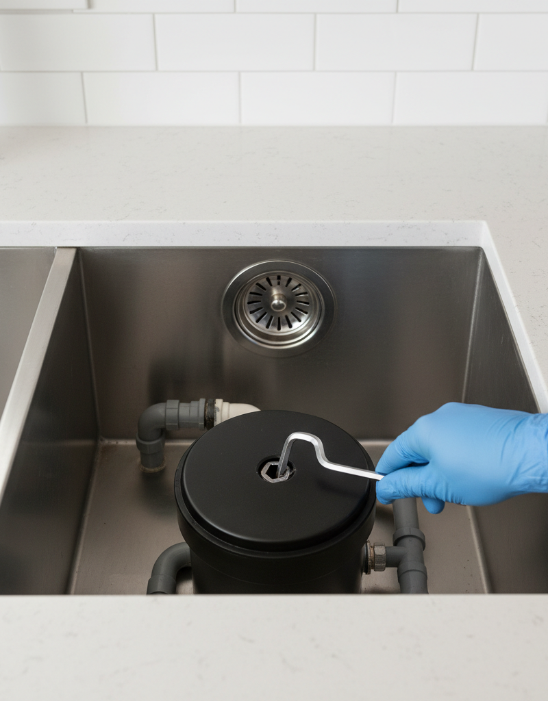 Hand using an Allen wrench to manually unjam a humming garbage disposal from the bottom