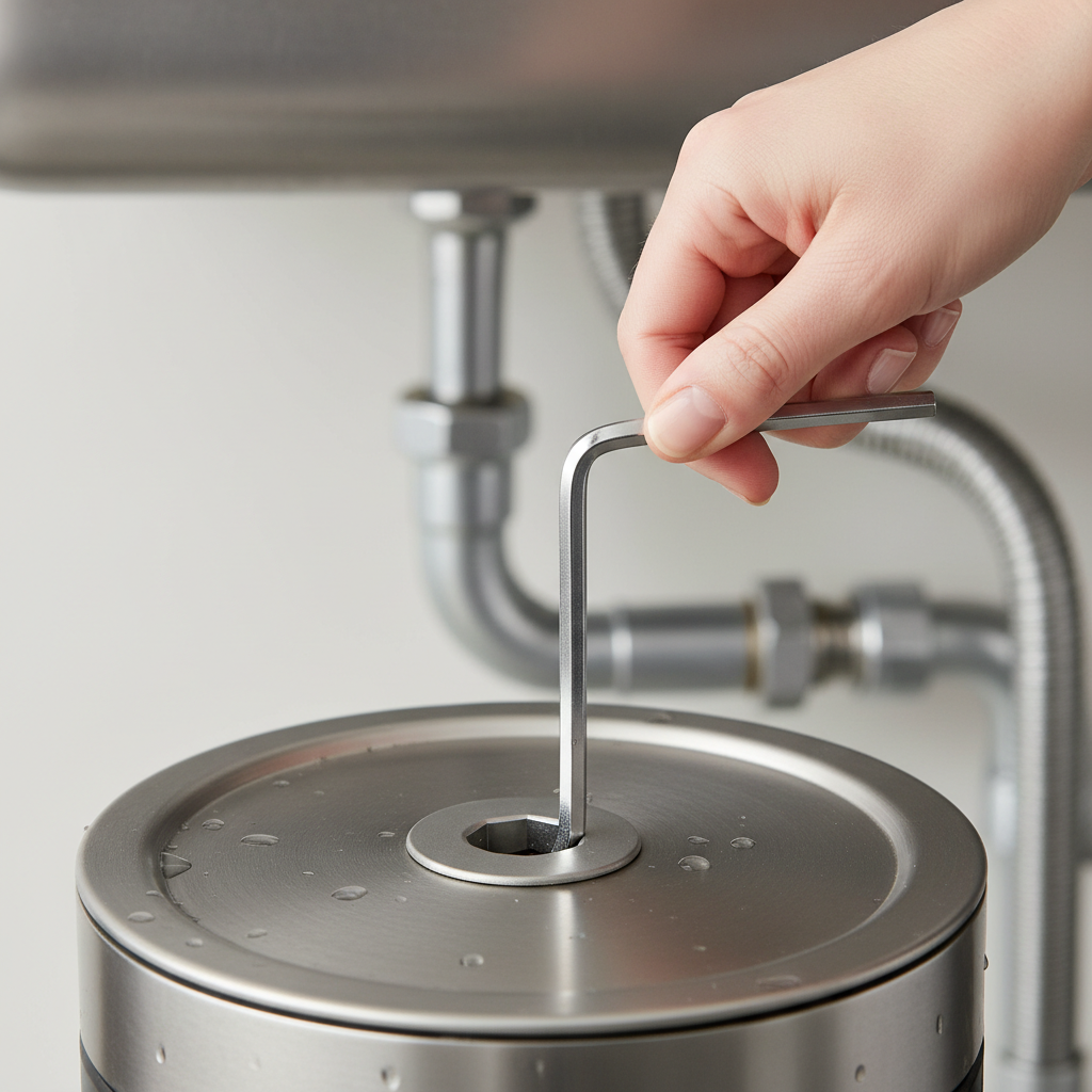 Person's hand inserting a hex wrench into the bottom of a garbage disposal to clear a jam.