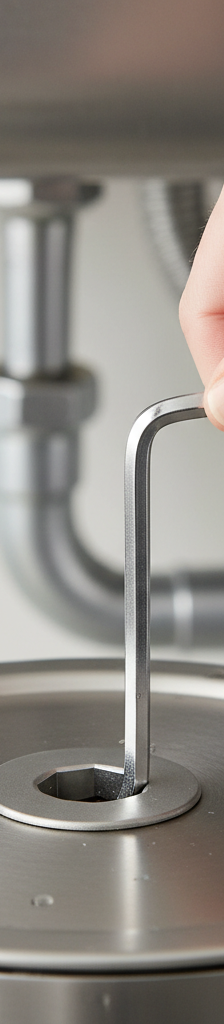 Person's hand inserting a hex wrench into the bottom of a garbage disposal to clear a jam.