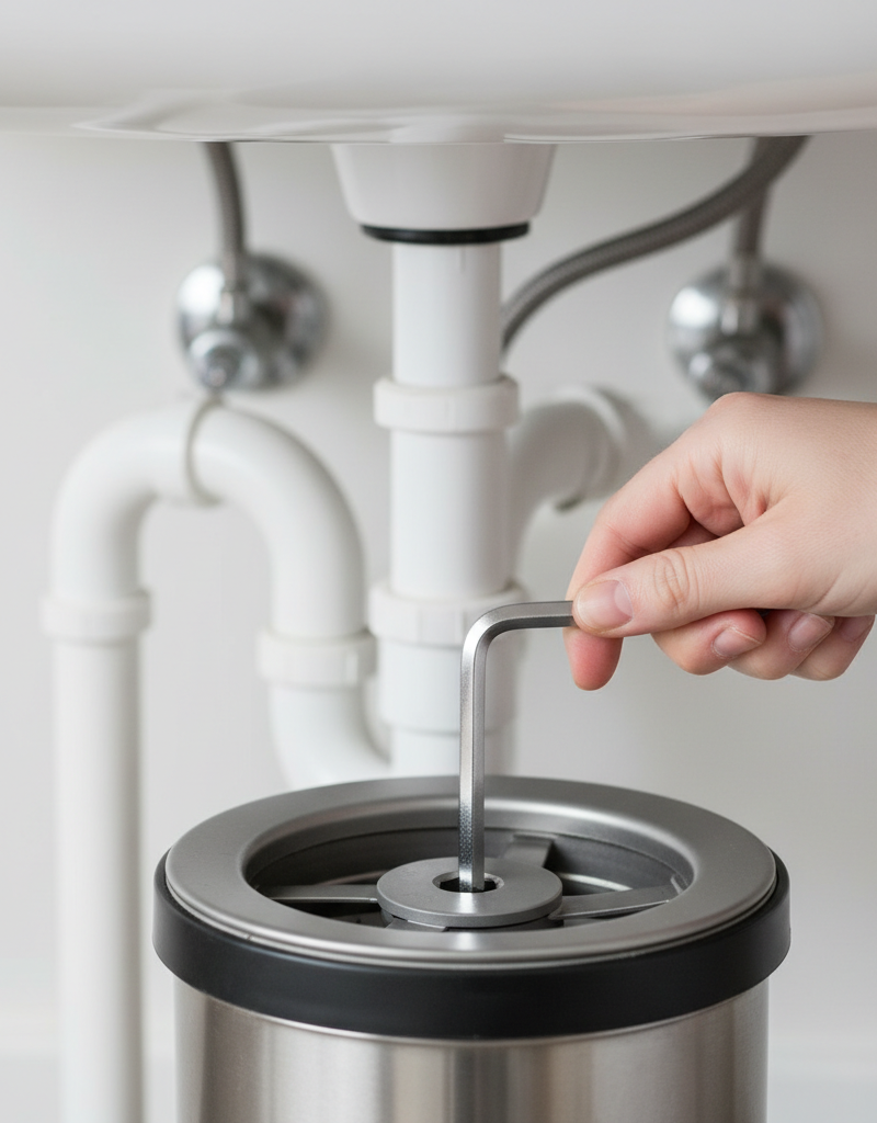 Hand inserting an Allen wrench into the bottom of a garbage disposal to clear a jam.
