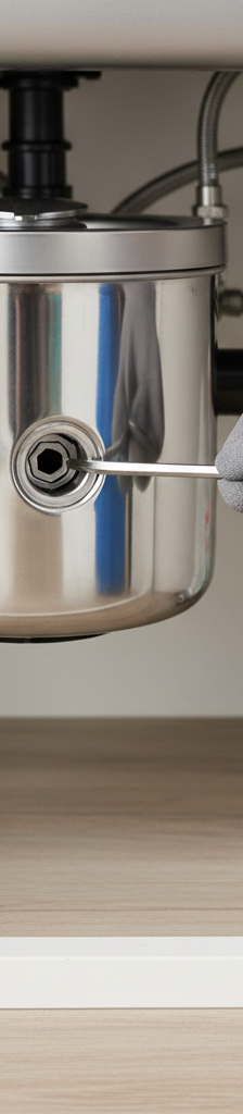 Homeowner inserting Allen wrench into bottom of garbage disposal to clear a jam.