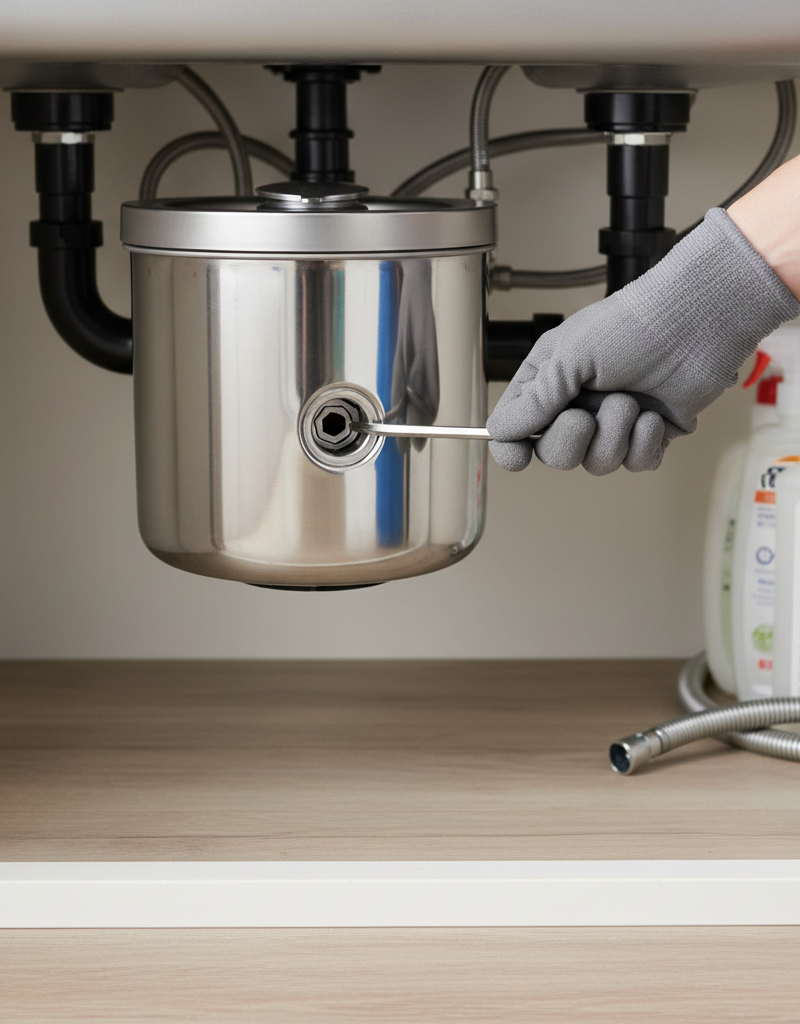 Homeowner inserting Allen wrench into bottom of garbage disposal to clear a jam.