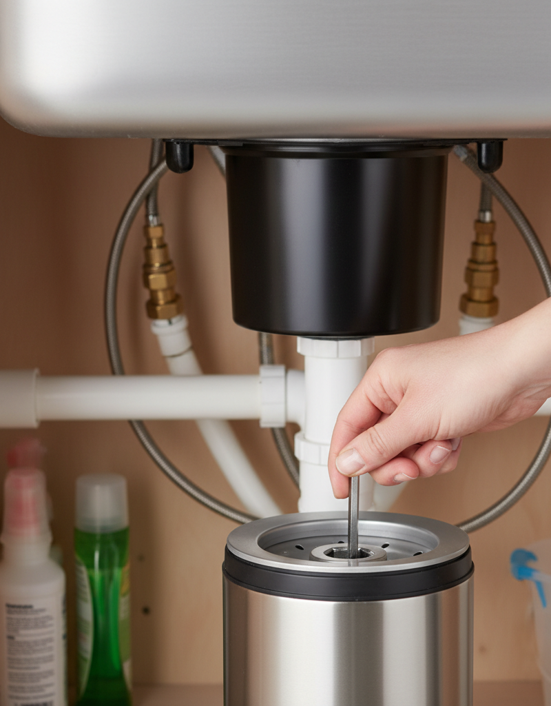 Homeowner inserting a hex wrench into the bottom of a humming garbage disposal to clear a jam.