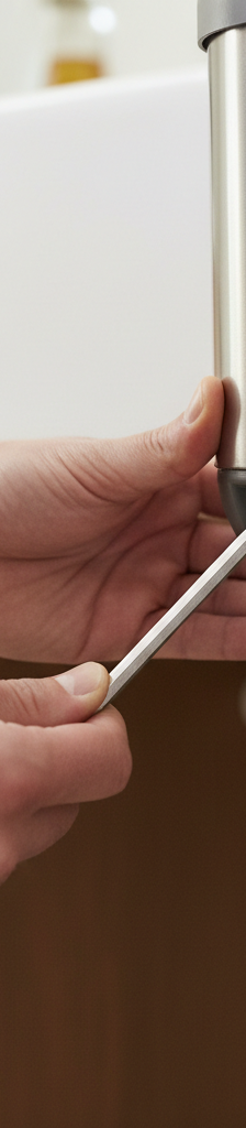 Homeowner inserting an Allen wrench into the bottom of a garbage disposal to clear a jam.