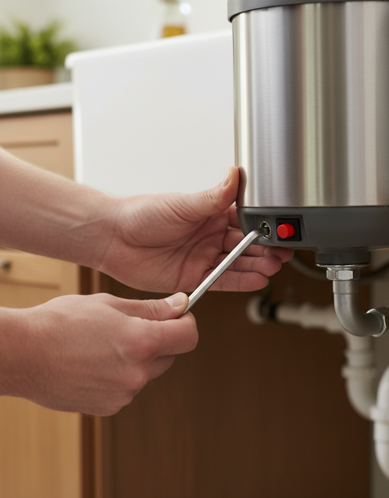 Homeowner inserting an Allen wrench into the bottom of a garbage disposal to clear a jam.