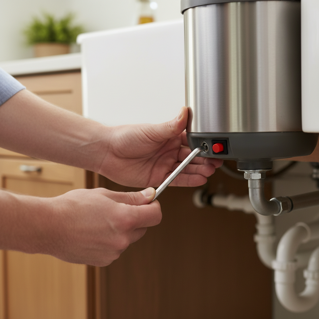 Homeowner inserting an Allen wrench into the bottom of a garbage disposal to clear a jam.