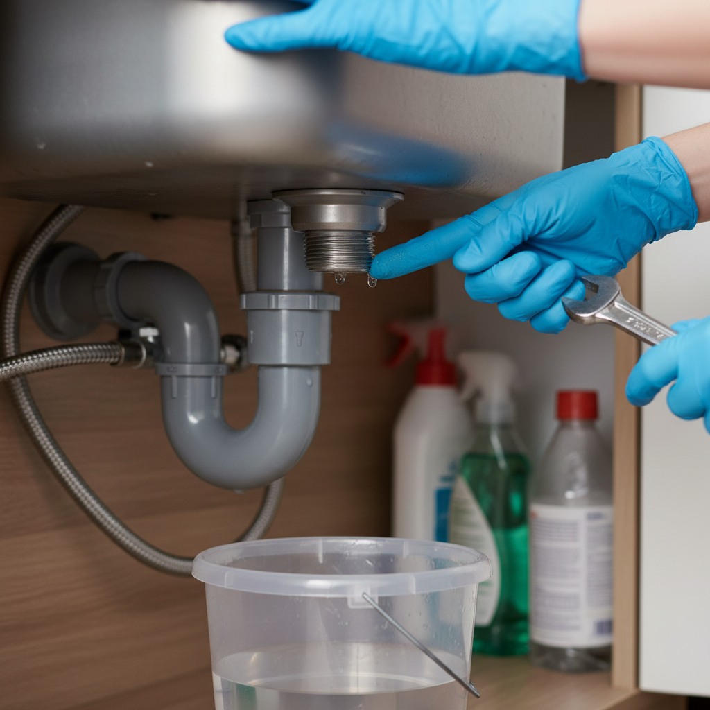 Close-up of a leaking garbage disposal under a sink, with a drip visible at a connection and a bucket underneath to catch water.