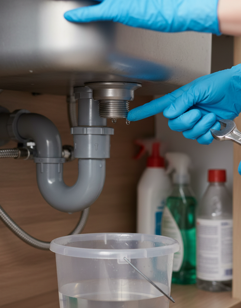 Close-up of a leaking garbage disposal under a sink, with a drip visible at a connection and a bucket underneath to catch water.