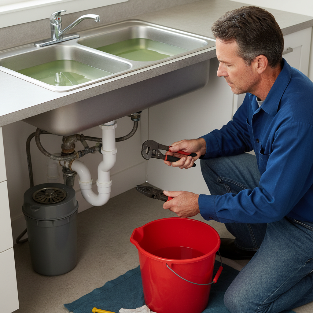 A homeowner fixing a clogged garbage disposal under a kitchen sink, with tools and a bucket.