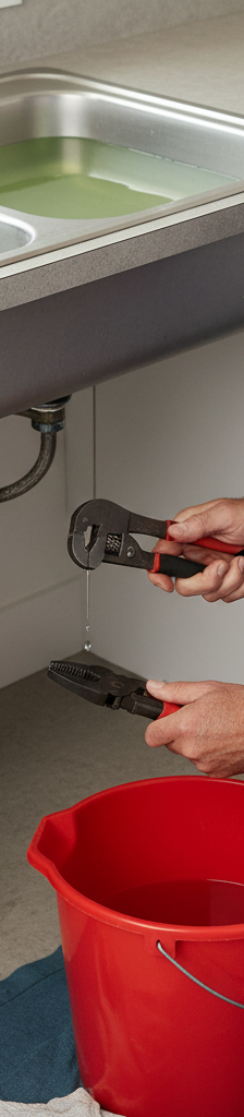 A homeowner fixing a clogged garbage disposal under a kitchen sink, with tools and a bucket.
