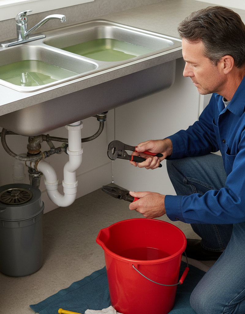 A homeowner fixing a clogged garbage disposal under a kitchen sink, with tools and a bucket.