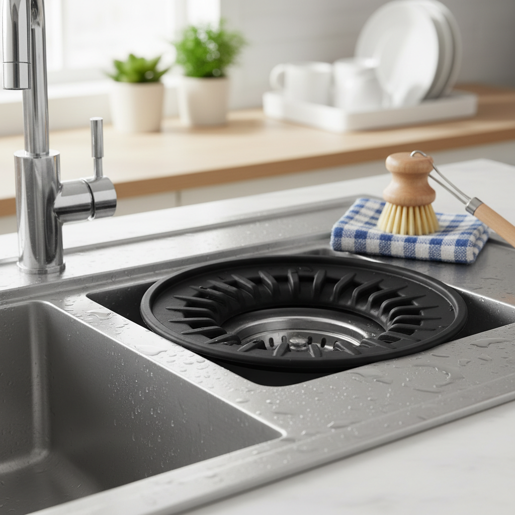 Clean kitchen sink with a fresh-looking garbage disposal drain opening and rubber splash guard.