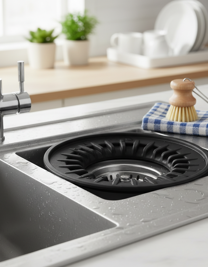 Clean kitchen sink with a fresh-looking garbage disposal drain opening and rubber splash guard.