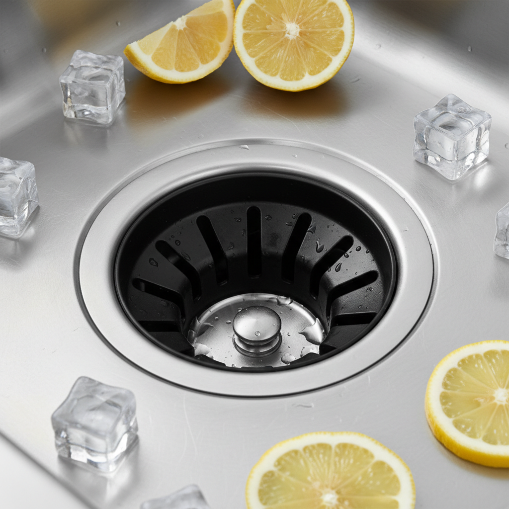 Clean kitchen sink drain with a garbage disposal splash guard, ready for cleaning.