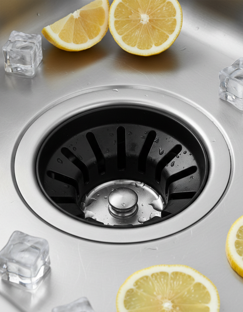 Clean kitchen sink drain with a garbage disposal splash guard, ready for cleaning.